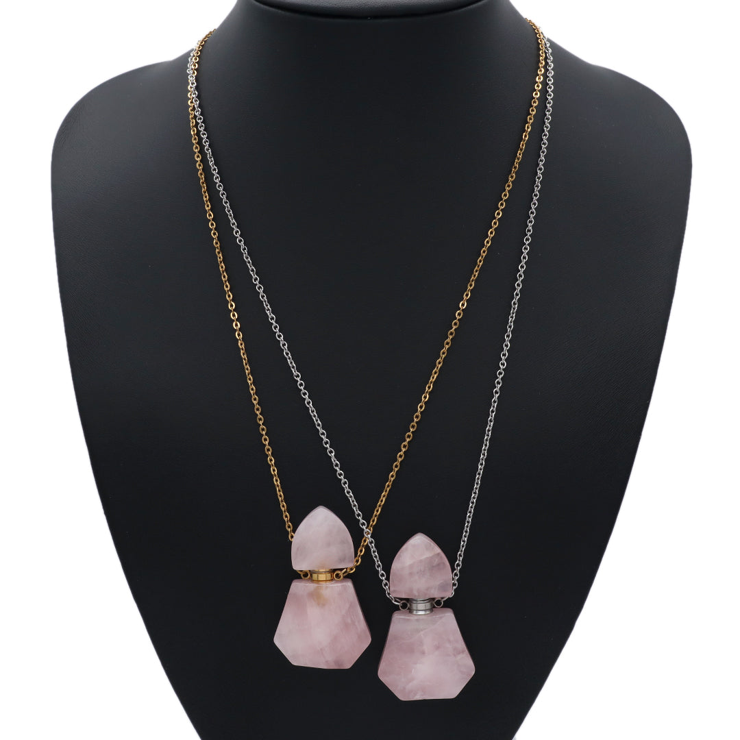 Custom Women Girl Gift 18K Gold plated stainless steel Chain Natural Stone amethyst Pink quartz Perfume Bottle Pendant Necklace