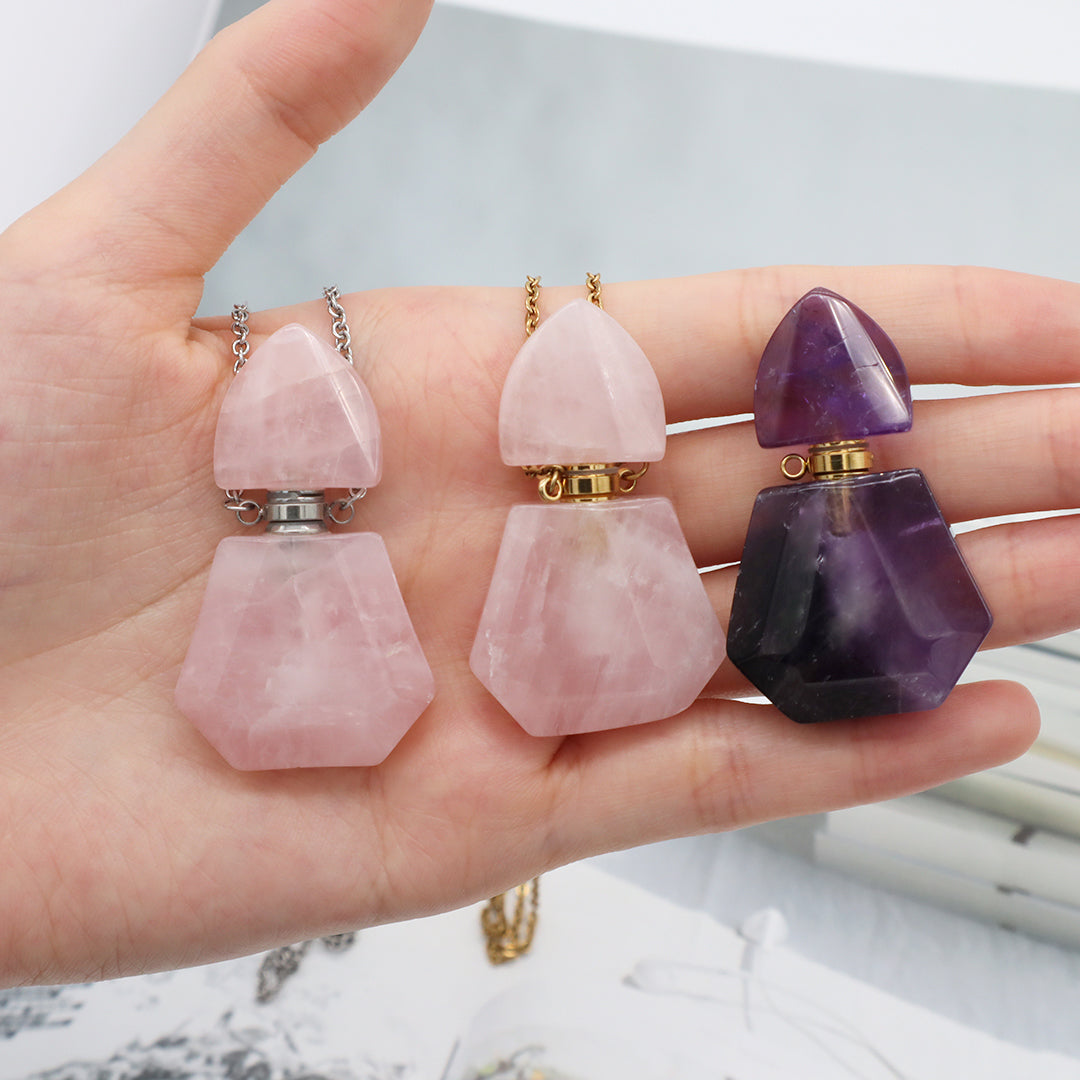 Custom Women Girl Gift 18K Gold plated stainless steel Chain Natural Stone amethyst Pink quartz Perfume Bottle Pendant Necklace
