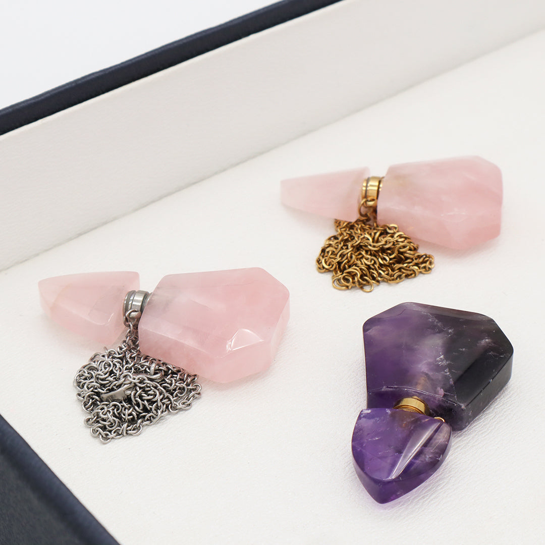 Custom Women Girl Gift 18K Gold plated stainless steel Chain Natural Stone amethyst Pink quartz Perfume Bottle Pendant Necklace