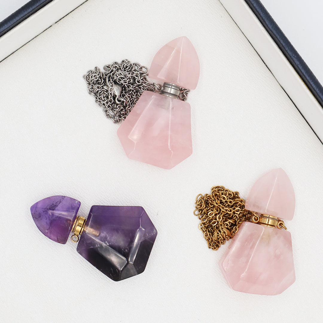 Custom Women Girl Gift 18K Gold plated stainless steel Chain Natural Stone amethyst Pink quartz Perfume Bottle Pendant Necklace