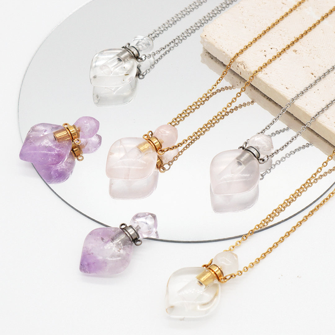 Natural Stone essential oil Pendant Jewelry 18K Gold Plated stainless steel Chain clear quartz amethyst perfume bottle Necklace