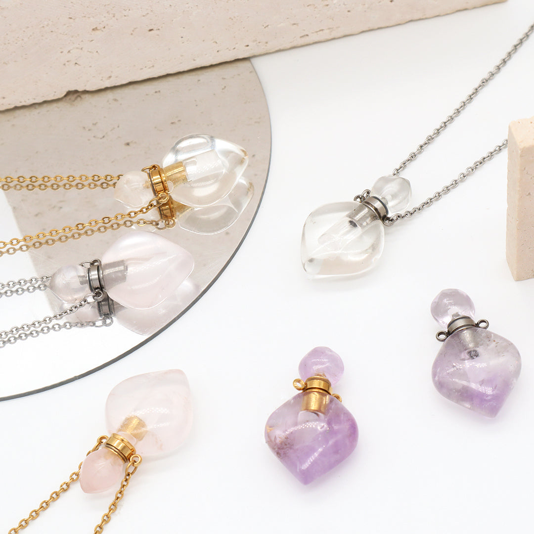 Natural Stone essential oil Pendant Jewelry 18K Gold Plated stainless steel Chain clear quartz amethyst perfume bottle Necklace