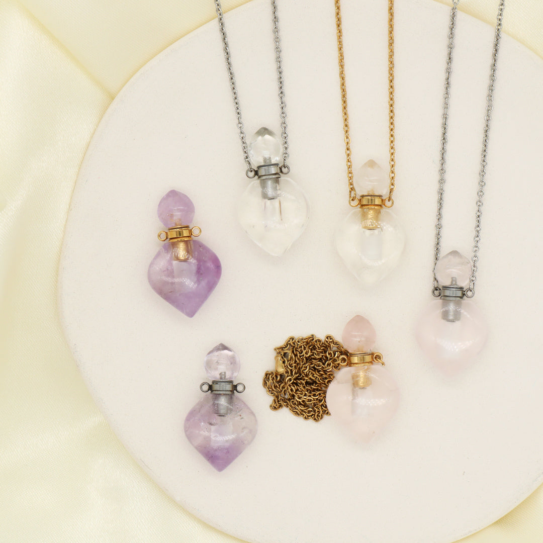 Natural Stone essential oil Pendant Jewelry 18K Gold Plated stainless steel Chain clear quartz amethyst perfume bottle Necklace