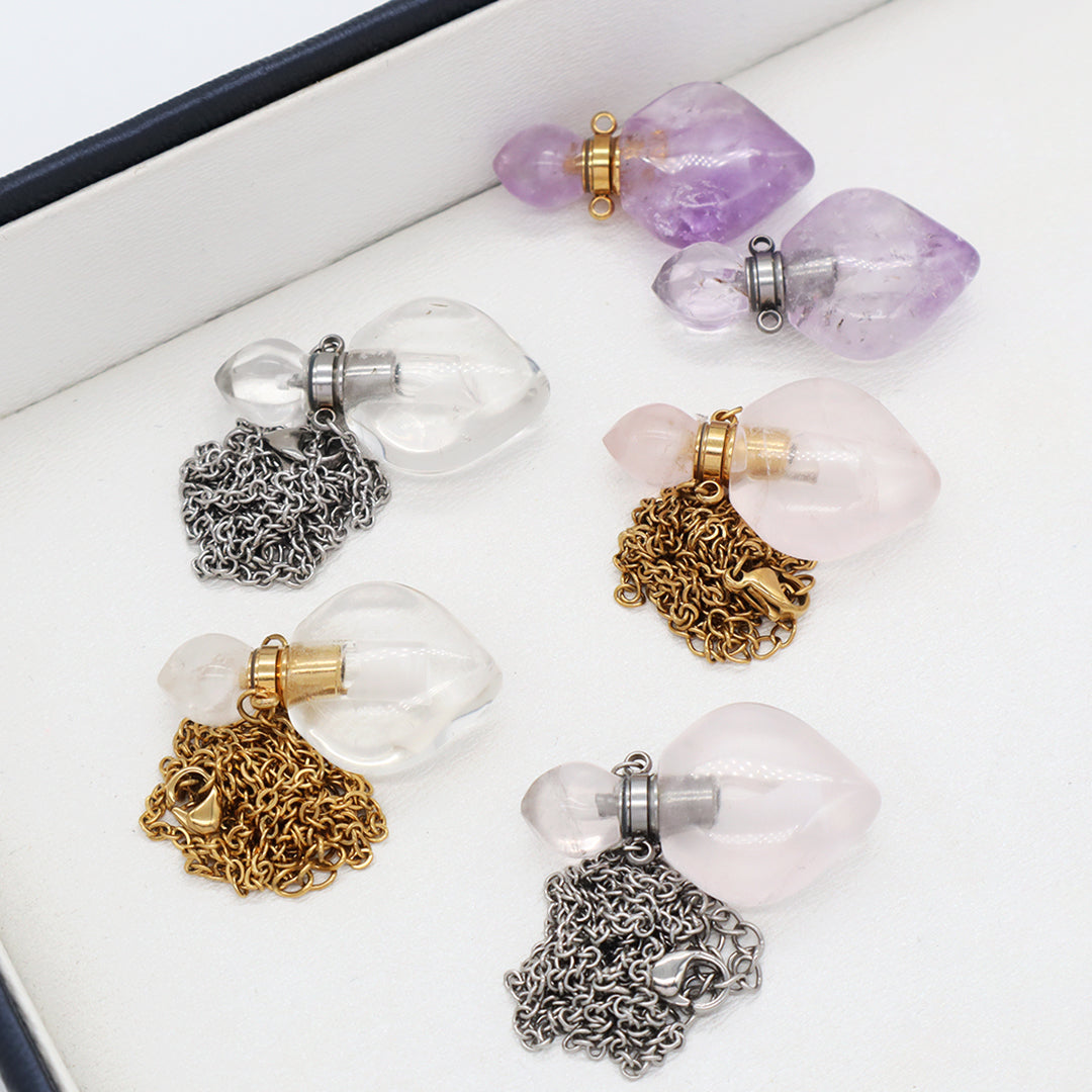 Natural Stone essential oil Pendant Jewelry 18K Gold Plated stainless steel Chain clear quartz amethyst perfume bottle Necklace