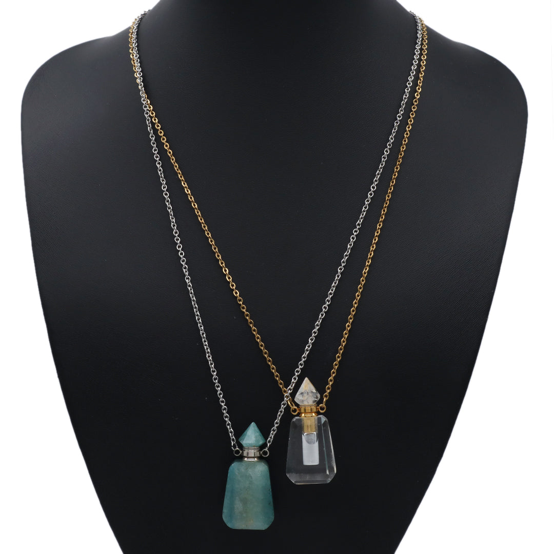 Custom Women Healing amazonite Natural Stone perfume Bottle Pendant 18K Gold plated stainless steel Chain essential oil Necklace