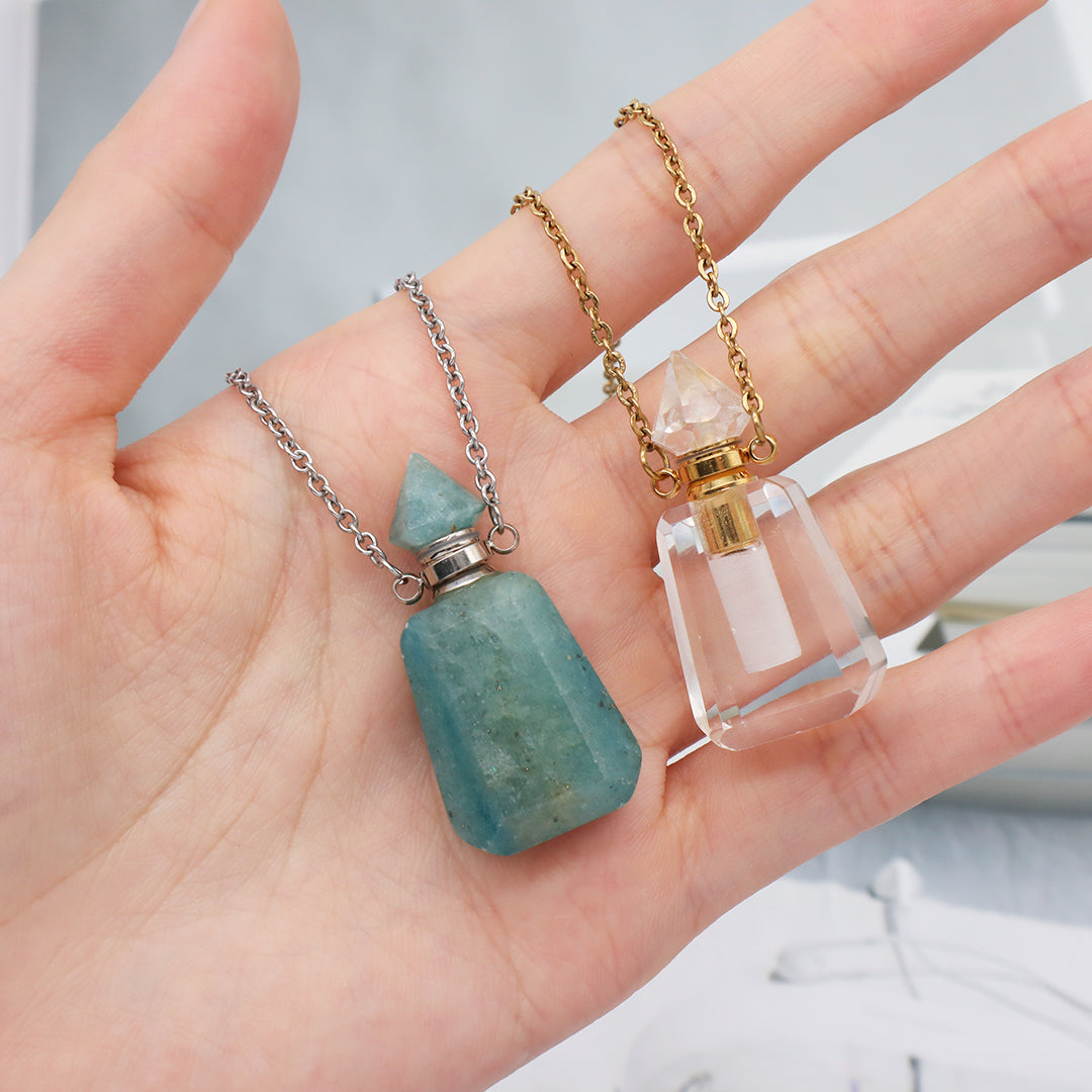 Custom Women Healing amazonite Natural Stone perfume Bottle Pendant 18K Gold plated stainless steel Chain essential oil Necklace