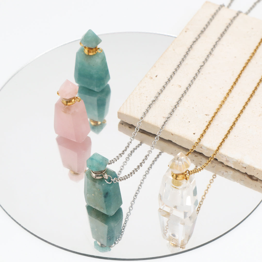 Custom Women Healing amazonite Natural Stone perfume Bottle Pendant 18K Gold plated stainless steel Chain essential oil Necklace