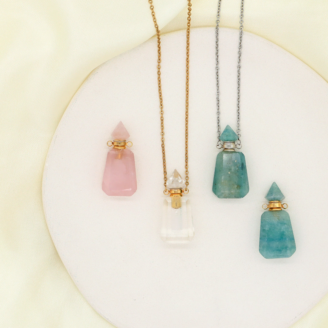 Custom Women Healing amazonite Natural Stone perfume Bottle Pendant 18K Gold plated stainless steel Chain essential oil Necklace