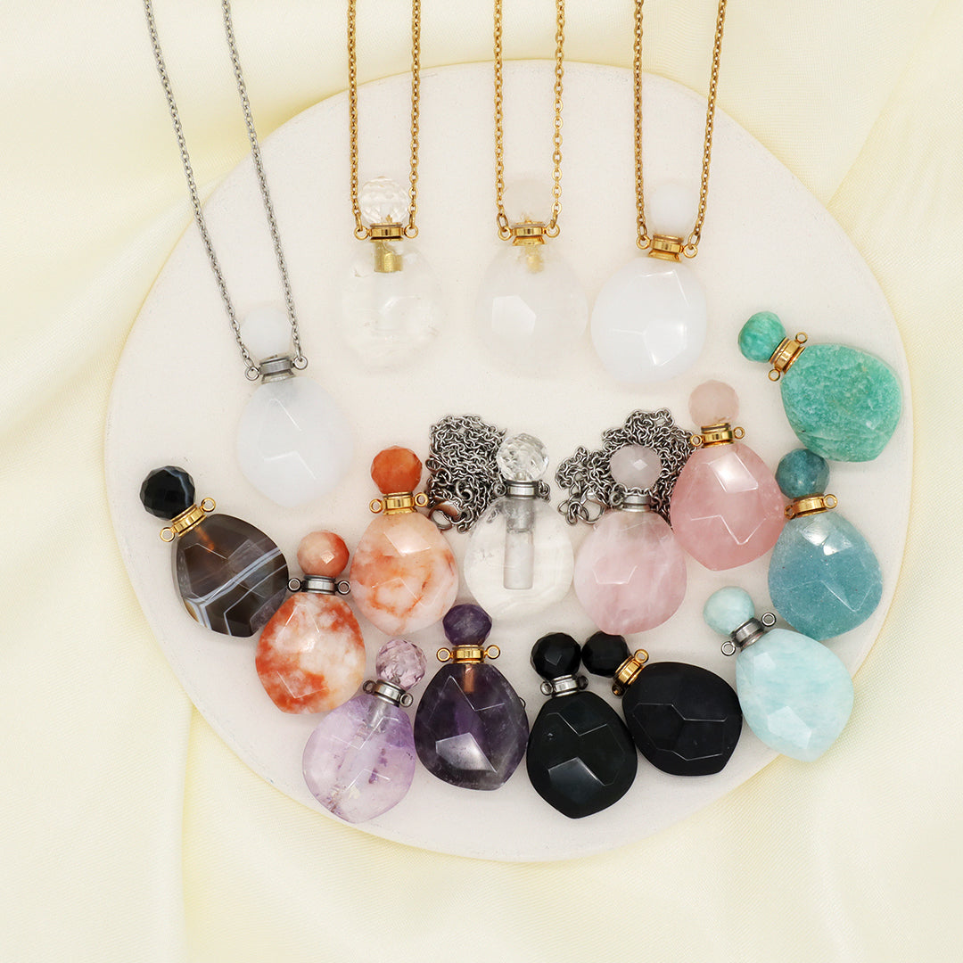 Pink Purple Black Blue Custom 18K Gold Plated stainless steel Chain essential oil perfume bottle Natural Stone Pendant Necklace