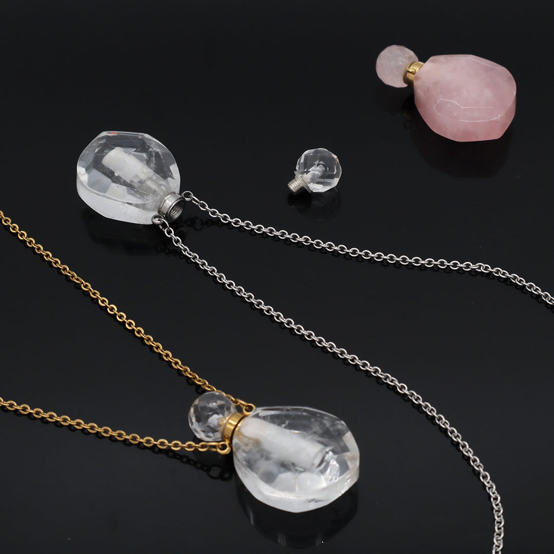 Pink Purple Black Blue Custom 18K Gold Plated stainless steel Chain essential oil perfume bottle Natural Stone Pendant Necklace