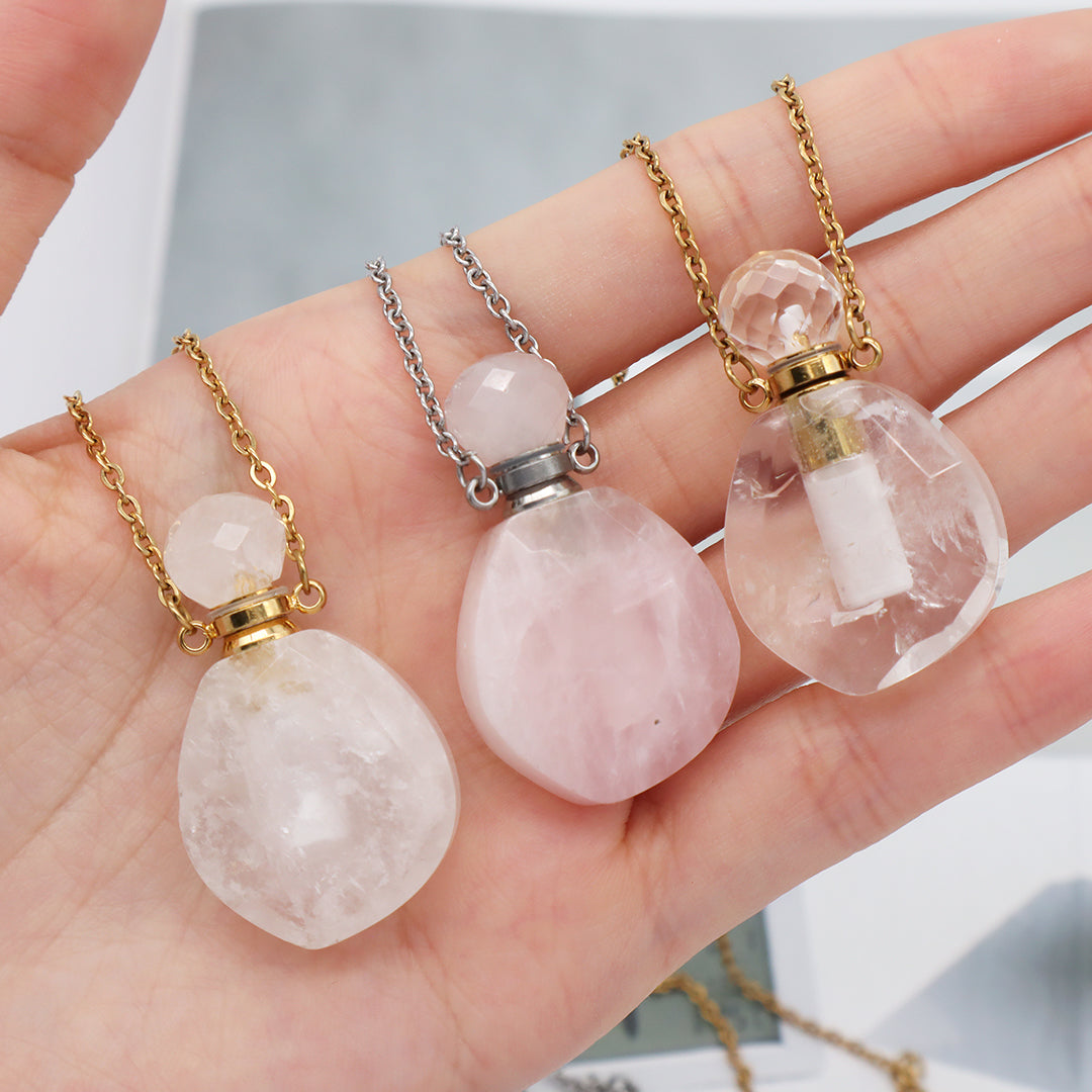 Pink Purple Black Blue Custom 18K Gold Plated stainless steel Chain essential oil perfume bottle Natural Stone Pendant Necklace