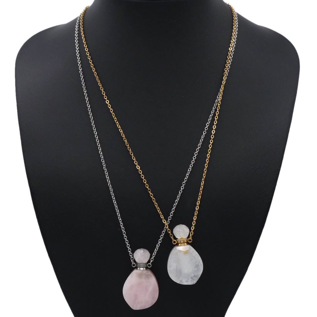 Pink Purple Black Blue Custom 18K Gold Plated stainless steel Chain essential oil perfume bottle Natural Stone Pendant Necklace