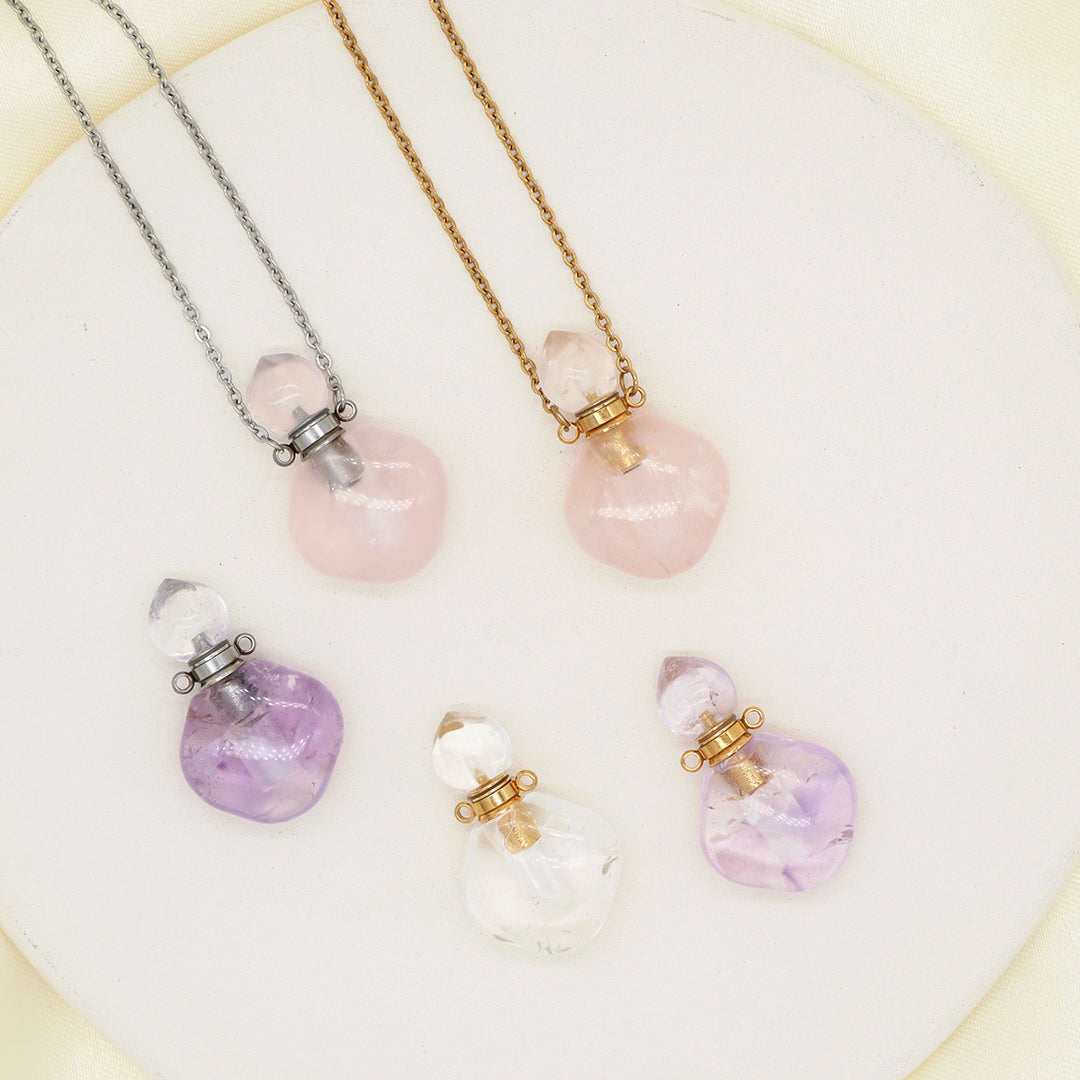 Custom Lady Pink quartz amethyst Natural Stone Pendant Gold plated stainless steel Chain essential oil perfume bottle Necklace