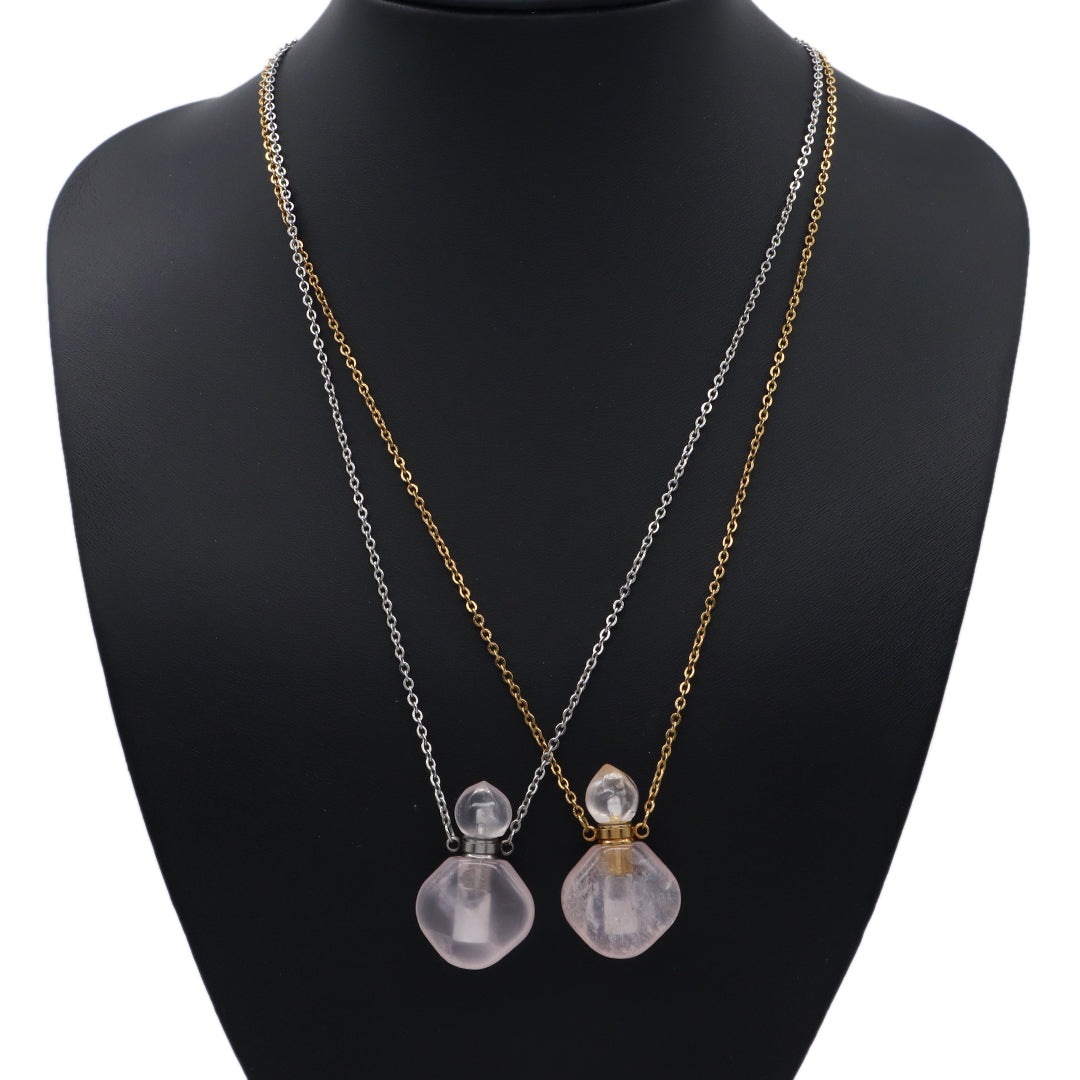Custom Lady Pink quartz amethyst Natural Stone Pendant Gold plated stainless steel Chain essential oil perfume bottle Necklace