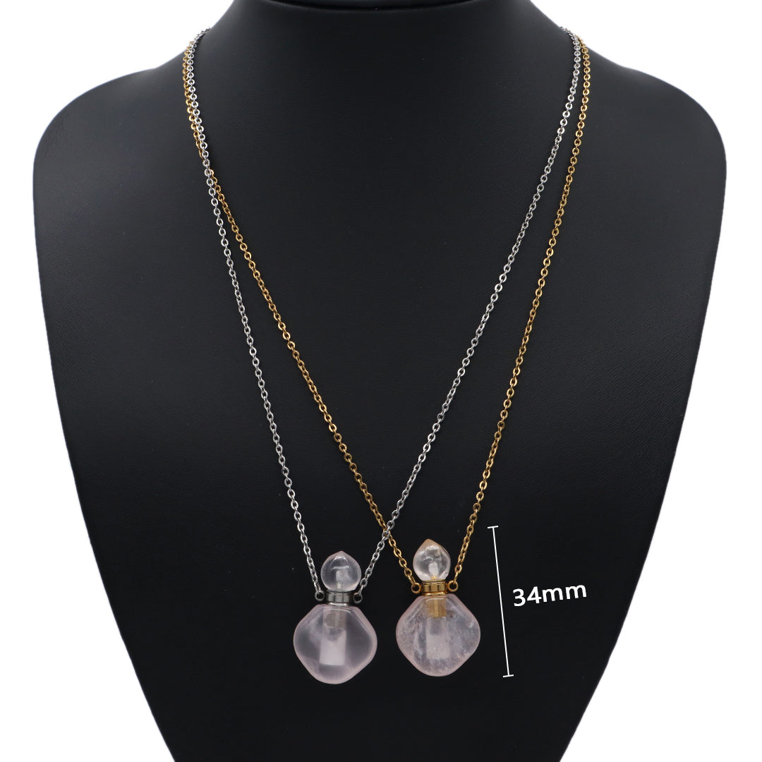 Custom Lady Pink quartz amethyst Natural Stone Pendant Gold plated stainless steel Chain essential oil perfume bottle Necklace