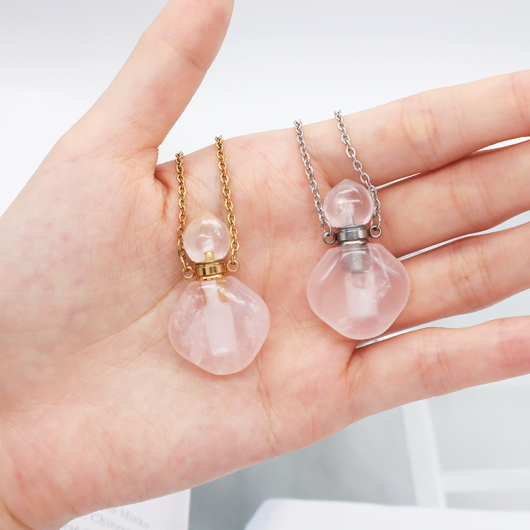 Custom Lady Pink quartz amethyst Natural Stone Pendant Gold plated stainless steel Chain essential oil perfume bottle Necklace
