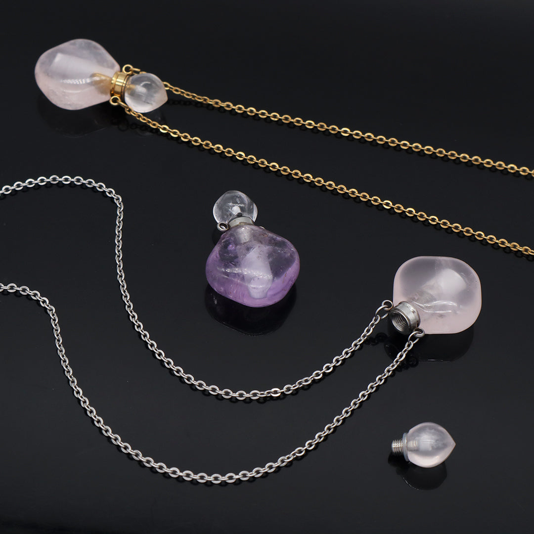 Custom Lady Pink quartz amethyst Natural Stone Pendant Gold plated stainless steel Chain essential oil perfume bottle Necklace