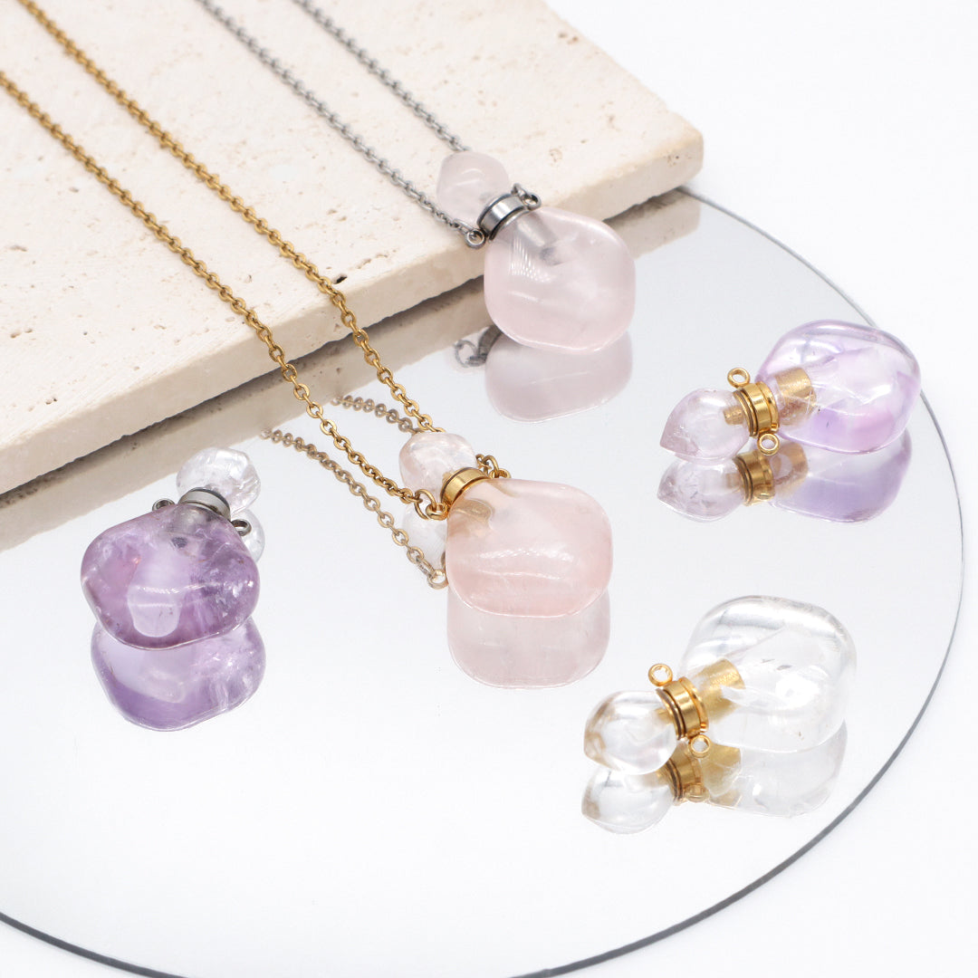 Custom Lady Pink quartz amethyst Natural Stone Pendant Gold plated stainless steel Chain essential oil perfume bottle Necklace