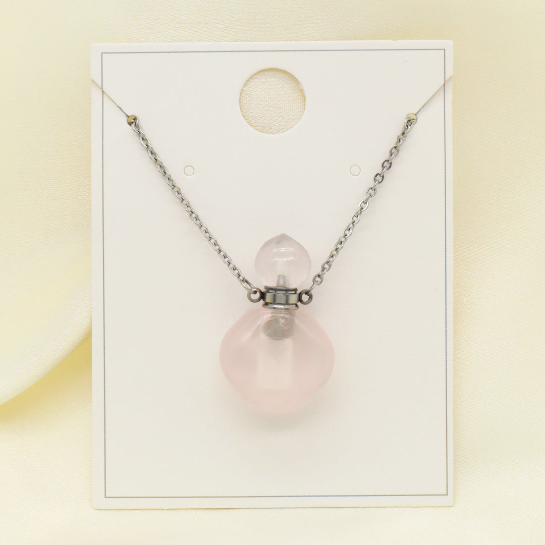 Custom Lady Pink quartz amethyst Natural Stone Pendant Gold plated stainless steel Chain essential oil perfume bottle Necklace