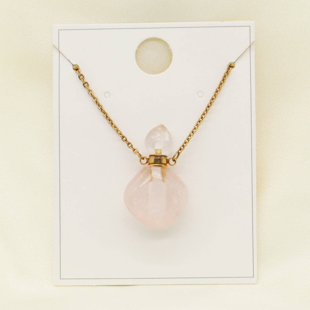 Custom Lady Pink quartz amethyst Natural Stone Pendant Gold plated stainless steel Chain essential oil perfume bottle Necklace