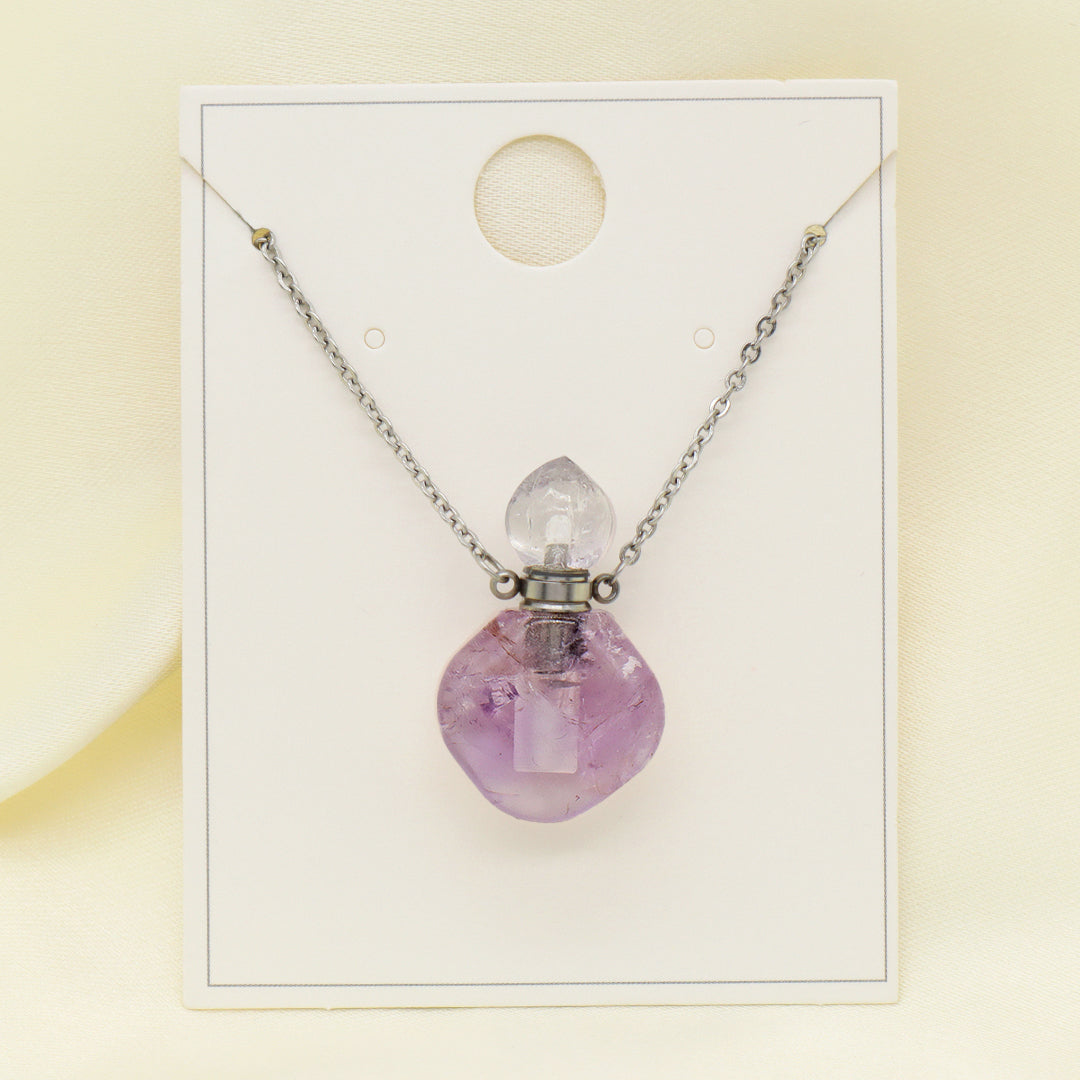 Custom Lady Pink quartz amethyst Natural Stone Pendant Gold plated stainless steel Chain essential oil perfume bottle Necklace