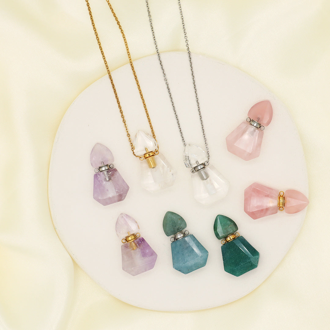 Various Custom Women Factory 18K Gold Plated stainless steel Chain Natural Stone Essential Oil Perfume Bottle Pendant Necklace