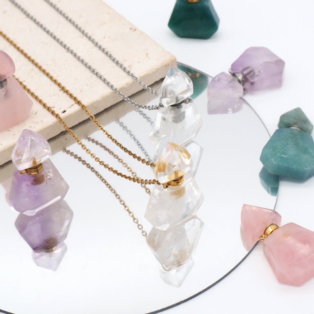 Various Custom Women Factory 18K Gold Plated stainless steel Chain Natural Stone Essential Oil Perfume Bottle Pendant Necklace