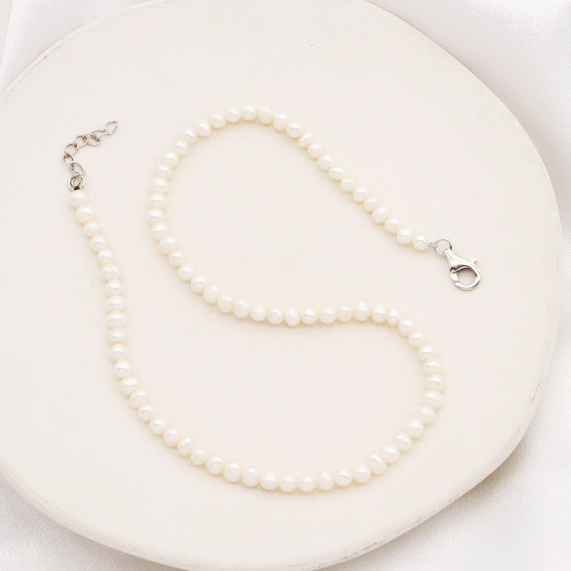 Wholesale Rhodium Plated 925 Sterling Silver Chain Gift Handmade Ajustable 5mm Baroque Natural Freshwater Pearl Choker Necklace