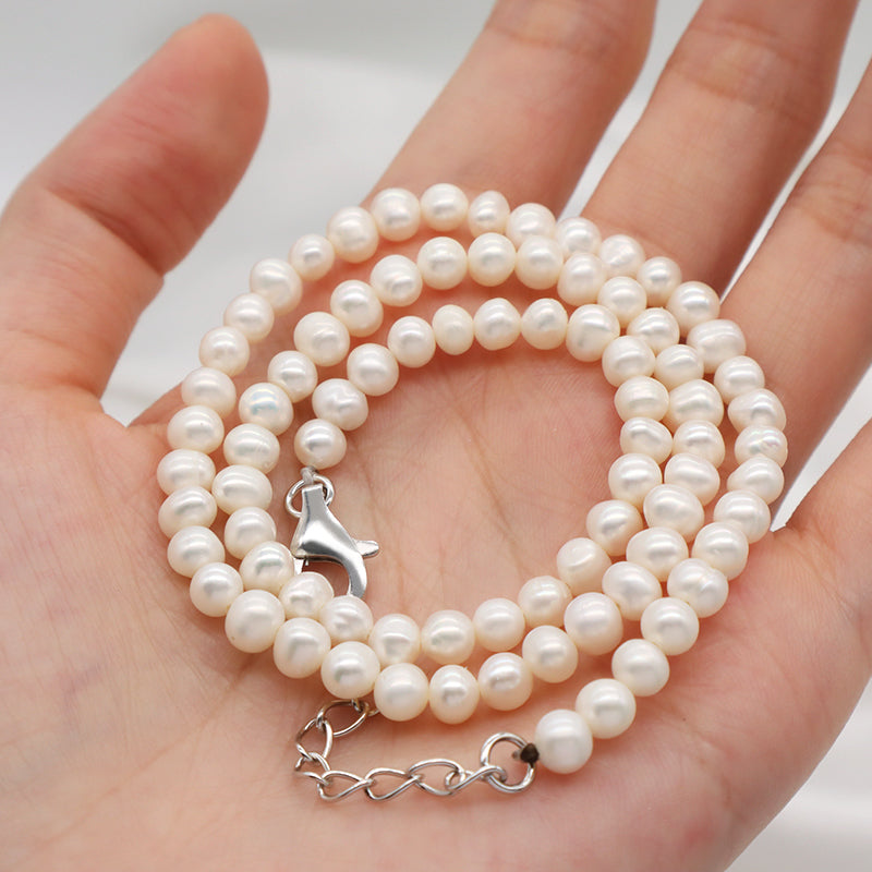 Wholesale Rhodium Plated 925 Sterling Silver Chain Gift Handmade Ajustable 5mm Baroque Natural Freshwater Pearl Choker Necklace