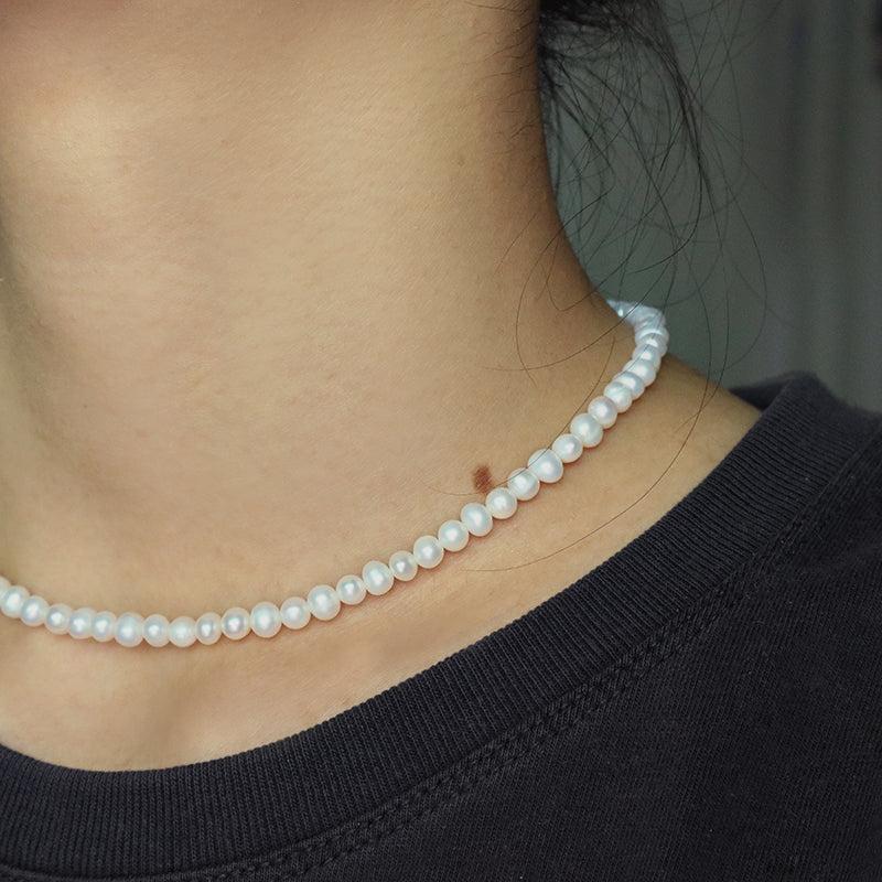 Wholesale Rhodium Plated 925 Sterling Silver Chain Gift Handmade Ajustable 5mm Baroque Natural Freshwater Pearl Choker Necklace