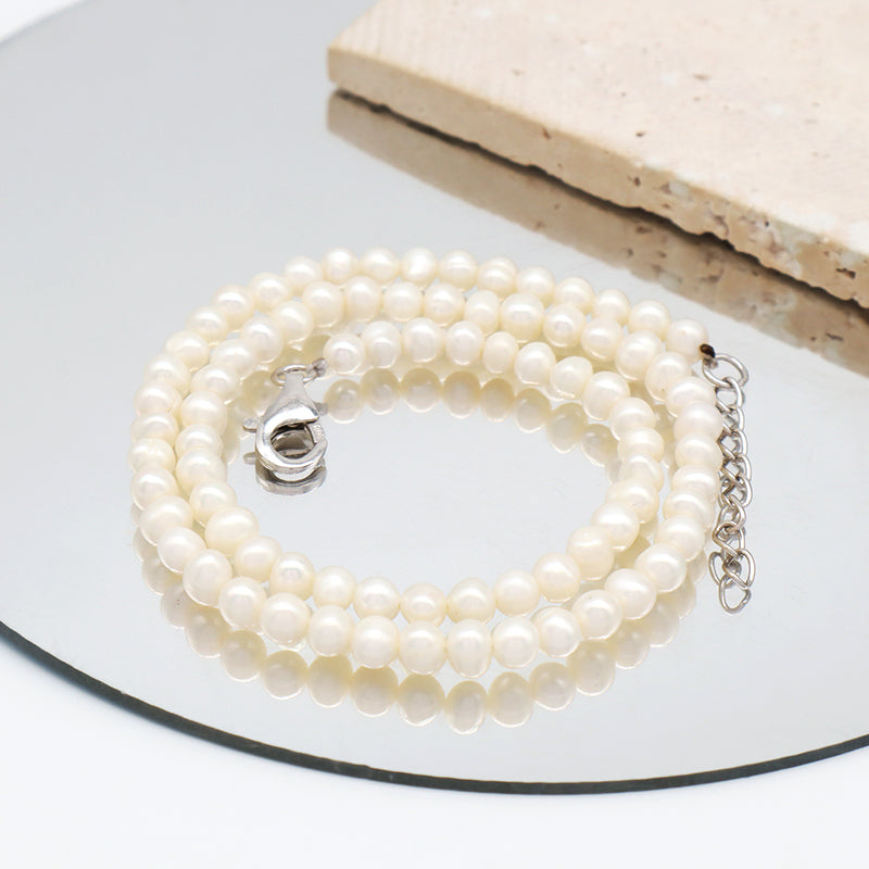 Wholesale Rhodium Plated 925 Sterling Silver Chain Gift Handmade Ajustable 5mm Baroque Natural Freshwater Pearl Choker Necklace