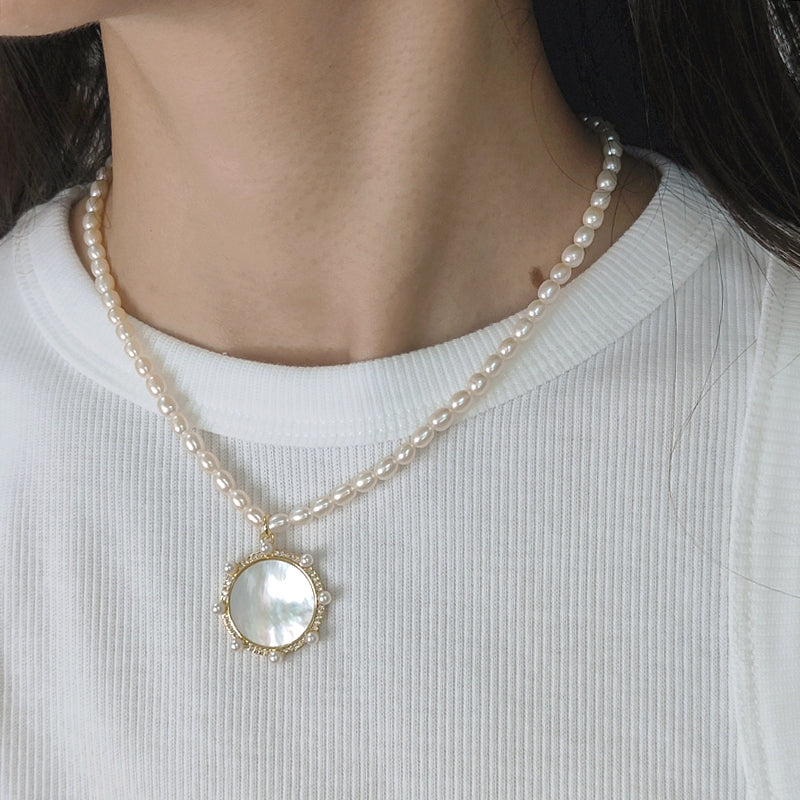 Newest Custom Gold Plated 925 Sterling Silver Chain Handmade 4-5mm Natural Freshwater Pearl Sun CZ Love Shell Pendant Necklace