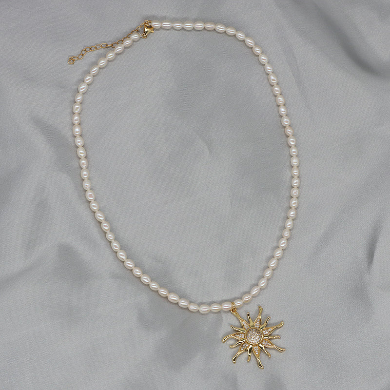 Newest Custom Gold Plated 925 Sterling Silver Chain Handmade 4-5mm Natural Freshwater Pearl Sun CZ Love Shell Pendant Necklace