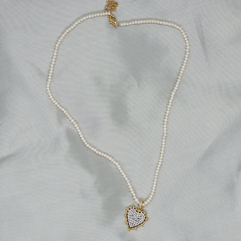 Handmade Wholesale Gold Plated 925 Sterling Silver Chain 2-3mm Natural Freshwater Pearl CZ Shell Love Heart Pendant Necklace