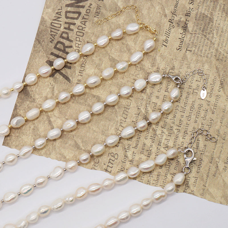 925 Sterling Silver Chain Ajustable Custom Classic Jewelry Handmade Baroque Natural Freshwater Pearl Choker Necklace For Gift7-8mm