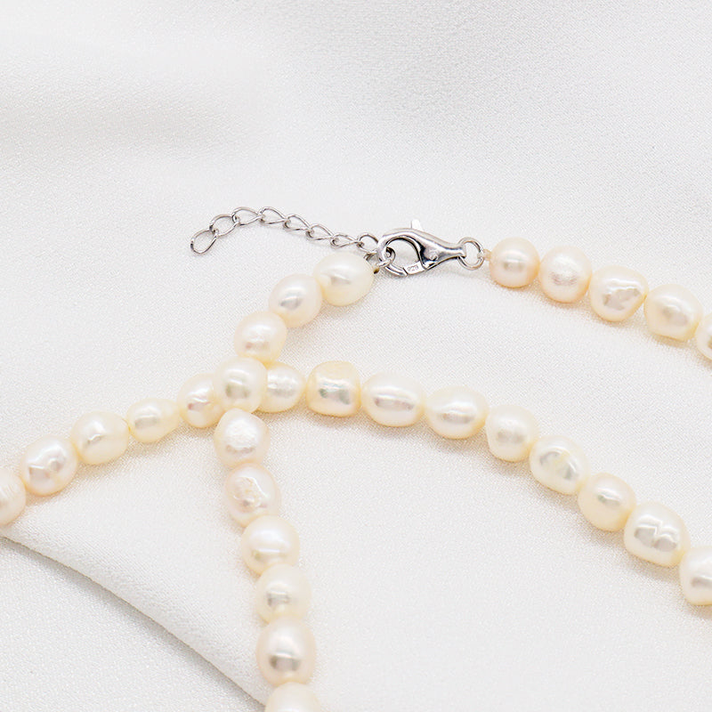 Wholesale Handmade OEM Rhodium Plated 925 Sterling Silver Lobster Button 8-9mm Natural Fresh Water Pearl Necklace For Women Gift