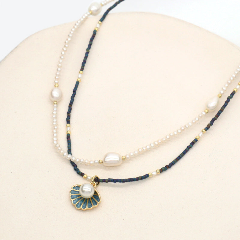 Double Layer Customized Women Handmade Ajustable Gold Plated Freshwater Pearl Miyuki Beads Shell SeaStar Conch Pendant Necklace