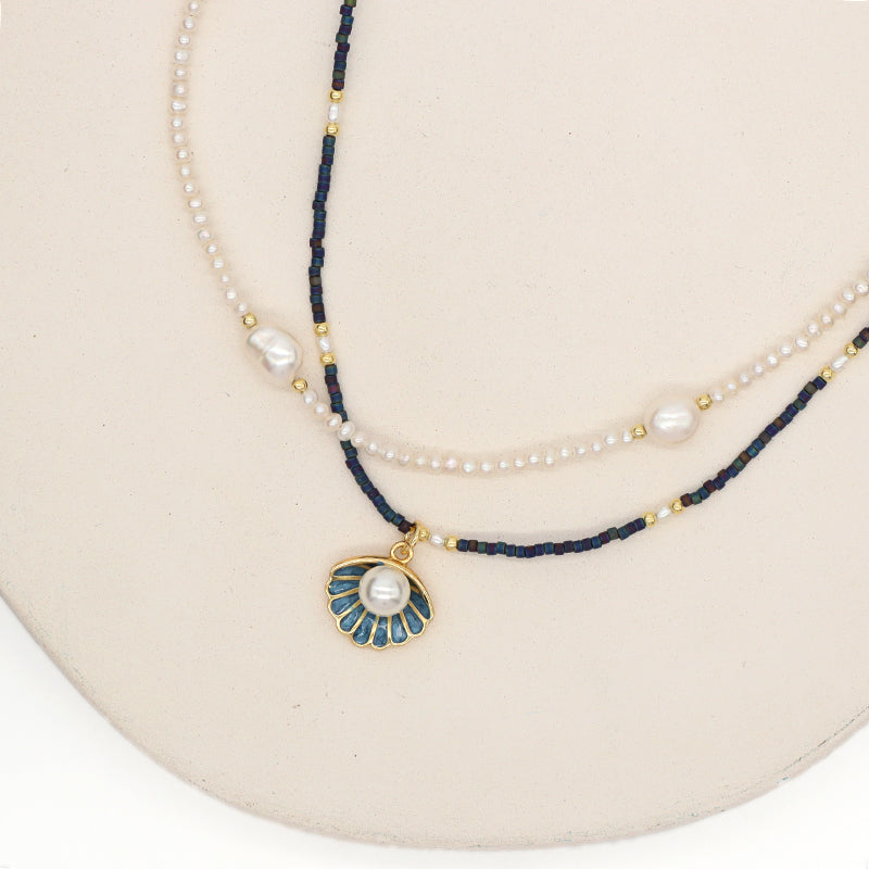 Double Layer Customized Women Handmade Ajustable Gold Plated Freshwater Pearl Miyuki Beads Shell SeaStar Conch Pendant Necklace