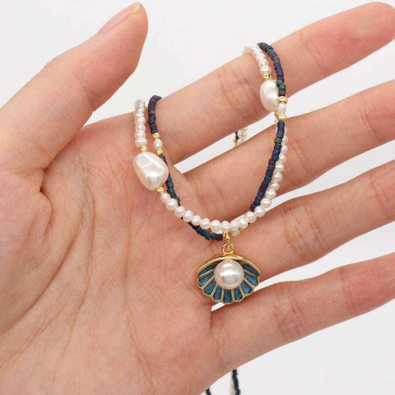 Double Layer Customized Women Handmade Ajustable Gold Plated Freshwater Pearl Miyuki Beads Shell SeaStar Conch Pendant Necklace