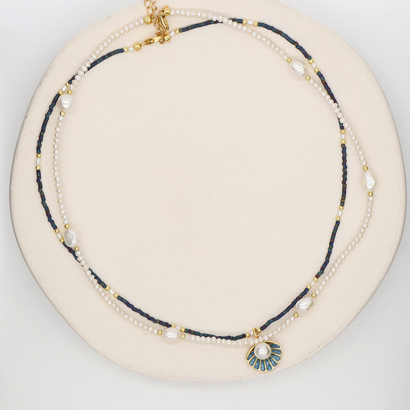 Double Layer Customized Women Handmade Ajustable Gold Plated Freshwater Pearl Miyuki Beads Shell SeaStar Conch Pendant Necklace