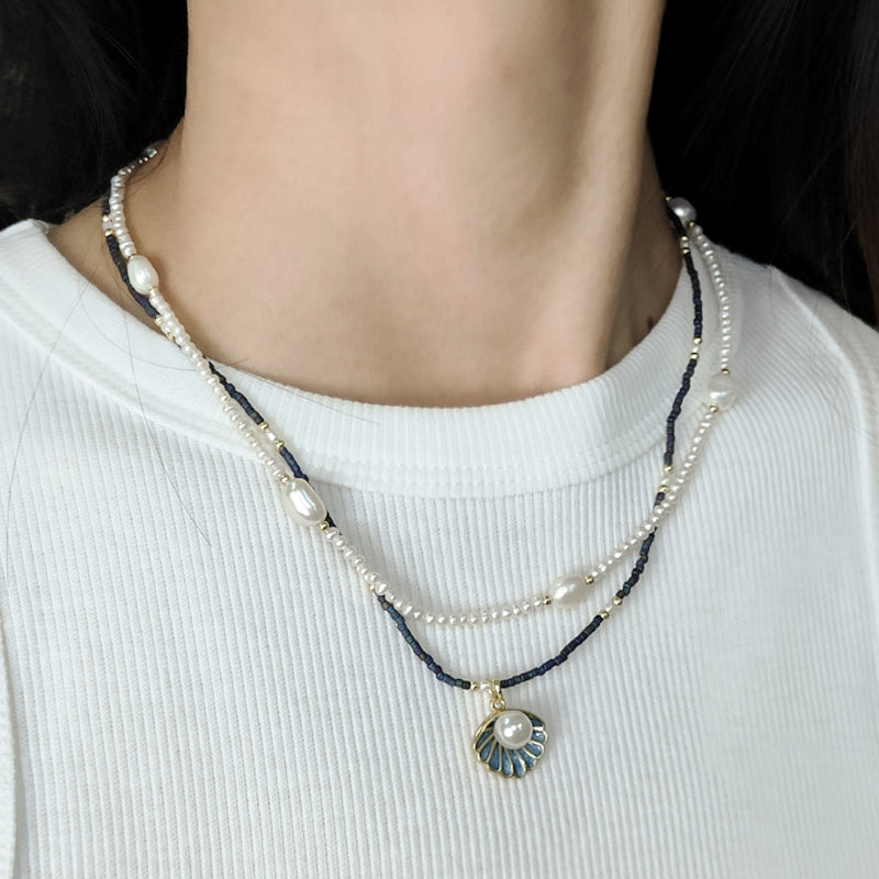 Double Layer Customized Women Handmade Ajustable Gold Plated Freshwater Pearl Miyuki Beads Shell SeaStar Conch Pendant Necklace