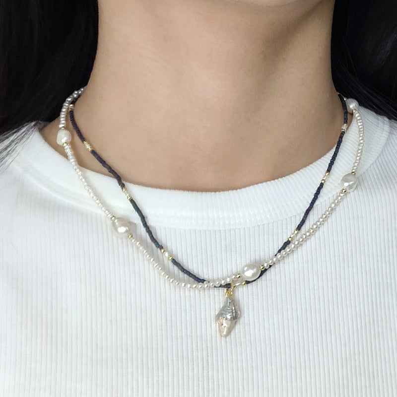 Double Layer Customized Women Handmade Ajustable Gold Plated Freshwater Pearl Miyuki Beads Shell SeaStar Conch Pendant Necklace