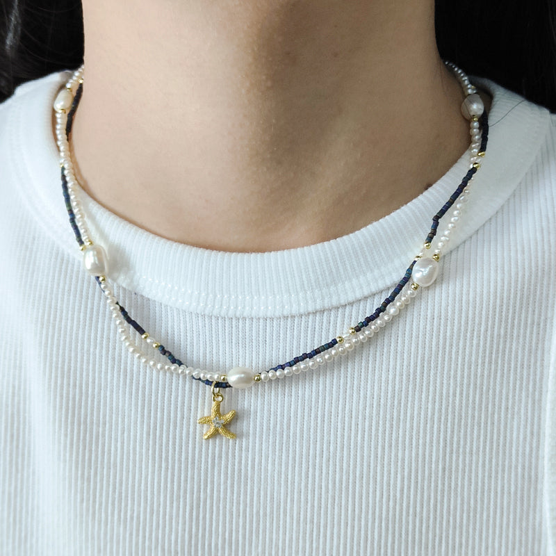 Double Layer Customized Women Handmade Ajustable Gold Plated Freshwater Pearl Miyuki Beads Shell SeaStar Conch Pendant Necklace