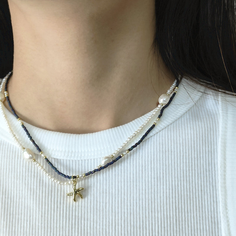 Double Layer Customized Women Handmade Ajustable Gold Plated Freshwater Pearl Miyuki Beads Shell SeaStar Conch Pendant Necklace