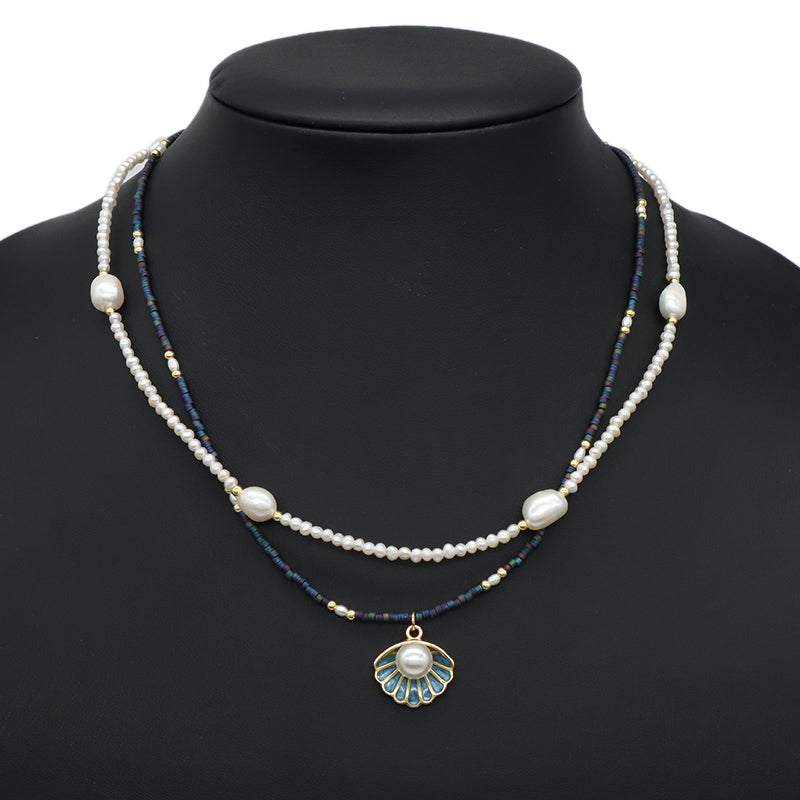 Double Layer Customized Women Handmade Ajustable Gold Plated Freshwater Pearl Miyuki Beads Shell SeaStar Conch Pendant Necklace