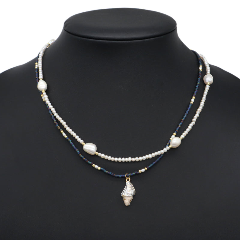 Double Layer Customized Women Handmade Ajustable Gold Plated Freshwater Pearl Miyuki Beads Shell SeaStar Conch Pendant Necklace