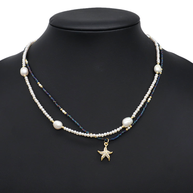 Double Layer Customized Women Handmade Ajustable Gold Plated Freshwater Pearl Miyuki Beads Shell SeaStar Conch Pendant Necklace