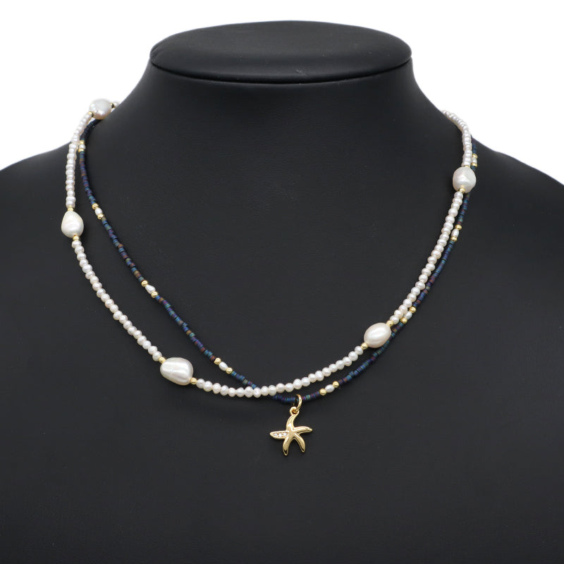 Double Layer Customized Women Handmade Ajustable Gold Plated Freshwater Pearl Miyuki Beads Shell SeaStar Conch Pendant Necklace