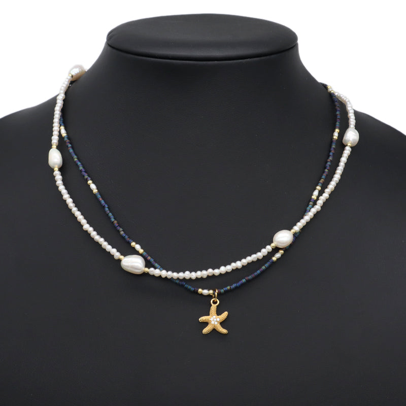 Double Layer Customized Women Handmade Ajustable Gold Plated Freshwater Pearl Miyuki Beads Shell SeaStar Conch Pendant Necklace