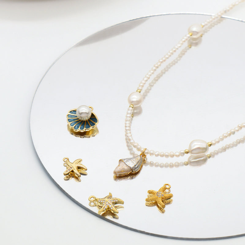 Custom Handmade Women OEM Gold Plated 925 Sterling Silver Lobster Button Natural Freshwater Pearl Seastar Shell Pendant Necklace